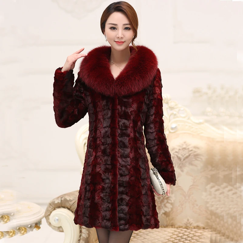 

Real Mink Whole Fur Women Long Coat with fox fur Collar Winter Female