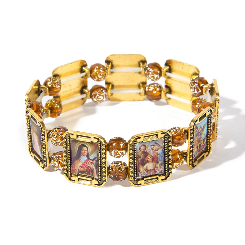 religious Elasticated Alloy Small Square Catholic Saints Bracelet, Random Catholic Imagesin