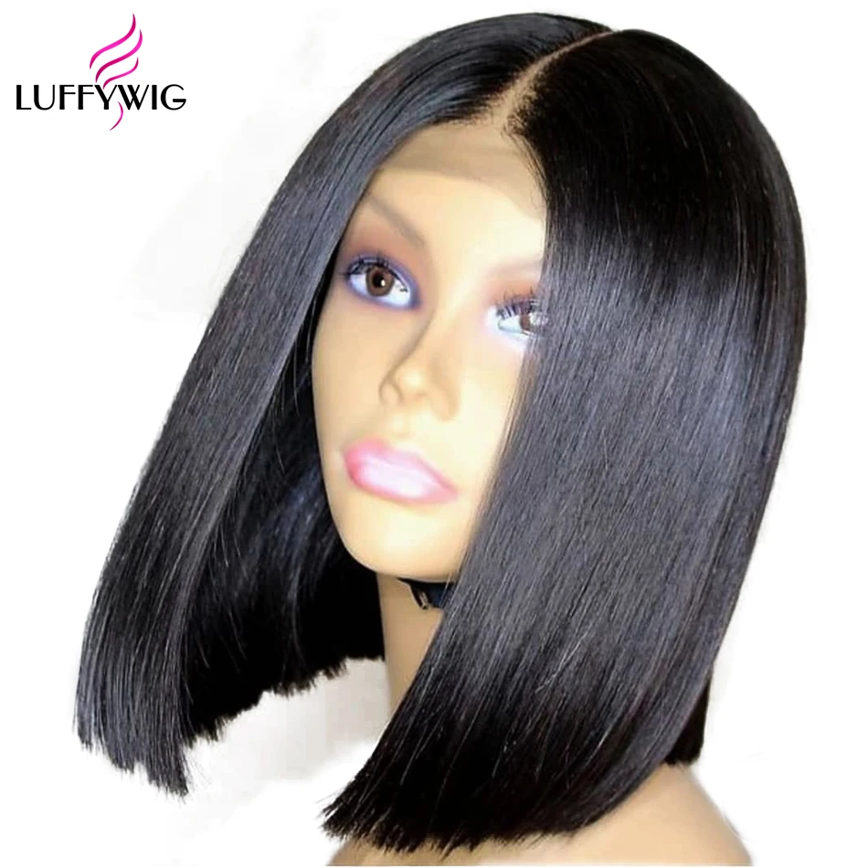Продажа LUFFYHAIR бразильский Реми натуральные волосы короткий боб парик глубокий пробор 13x6 синтетические волосы на кружеве парик прямо Боб Cut искусств...