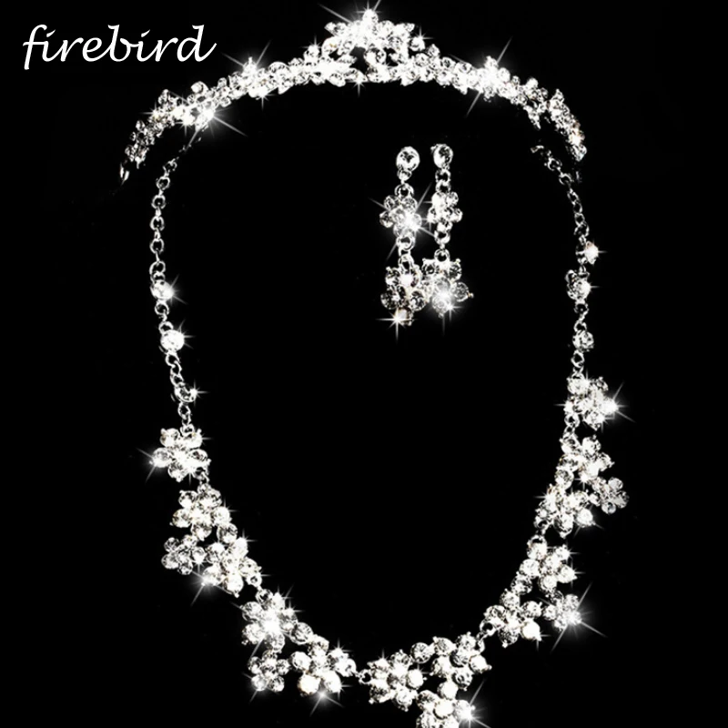 3pcs/Set Flower Design Crystal Jewelry Sets Rhinestone Headband Tiara Necklace And Earrings