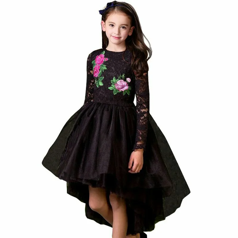 

Kids Flower Girl Dress Black Wedding Pageant Children Bridesmaid Gown Lace Dress Summer Princess Party Trailing Vestido Clothes