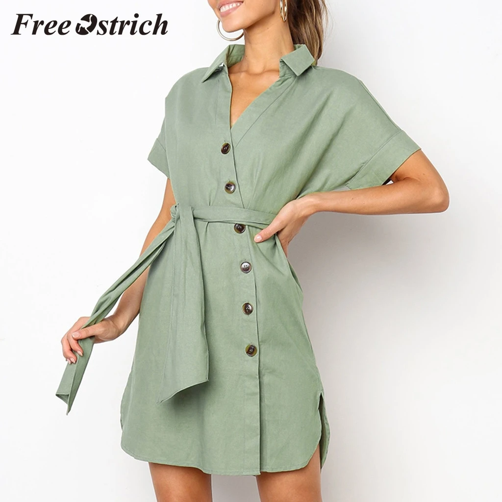 

Free Ostrich 2019 Turn Down Collar Elegant Sexy Buttons Short Sleeveless Dress Princess Dress Simplicity Temperamental Style