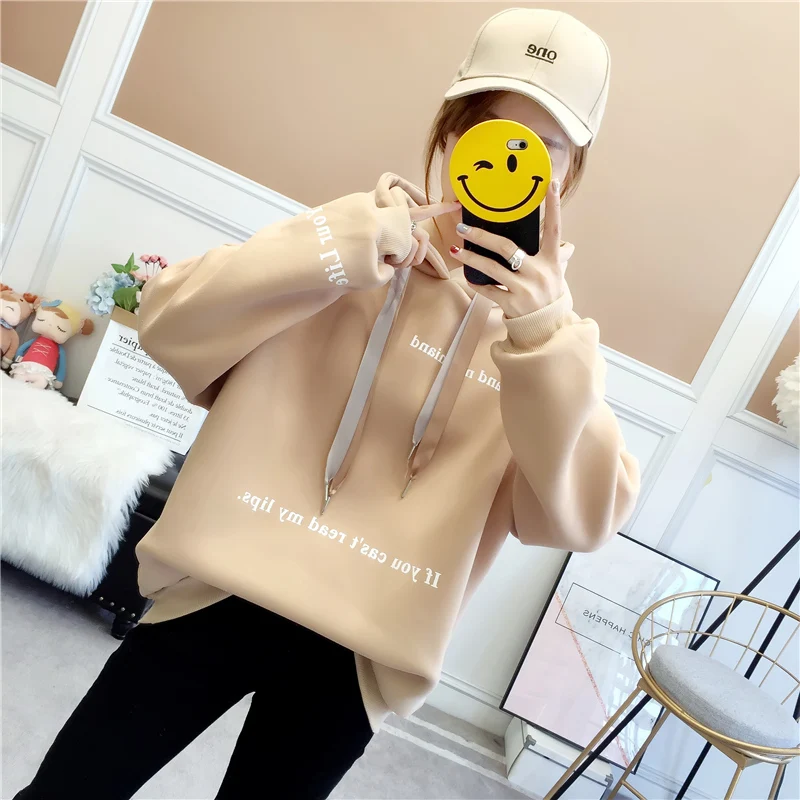 

Winter new Harajuku Korean women's Sudadera Pullovers Fashion Kawaii Fleece printing letter hooded sweatshirt women's clothing