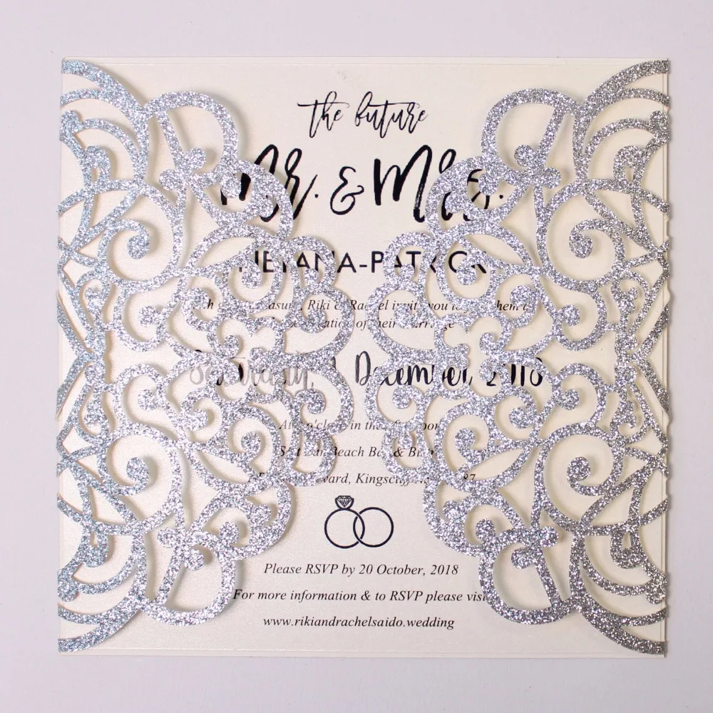 Wedding Invitations Luxury Laser cutting Invitation Card With White Ribbon Bow Customized wording