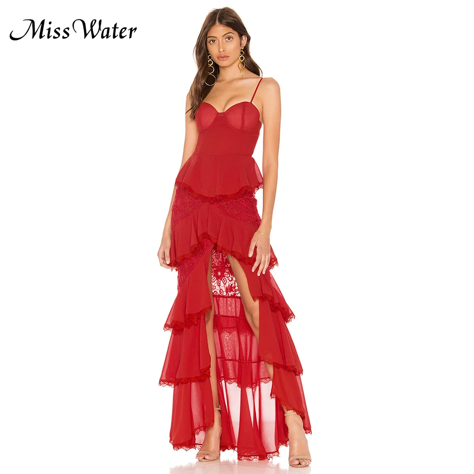 

Miss Water 2018 New Women Solid Red Bandage Dress Cascading Ruffle Floor-Length Slash Neck Sexy Sheath Sleeveless Dress Vestido