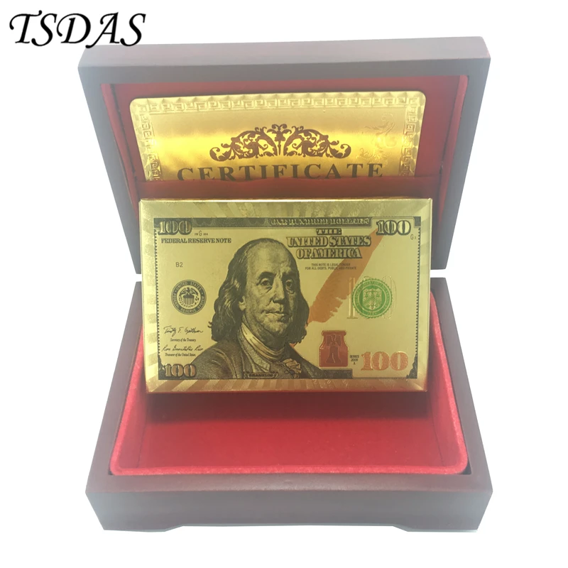 

Waterproof Plastic Playing Card w/ 54pcs cards, Golden Poker Card Table Games US 100 Dollar Style With Wooden Case