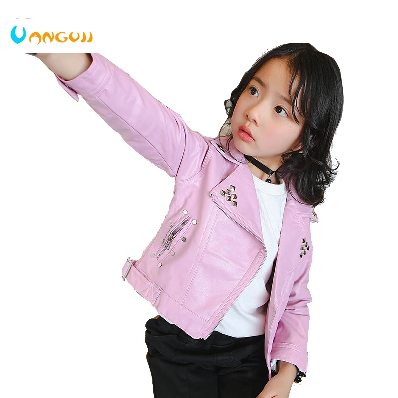 

Fall 2017 winter hot PU jacket for children, 2-7 year old girl, fashion rivet belt, lapel leather, motorcycle leather jacket