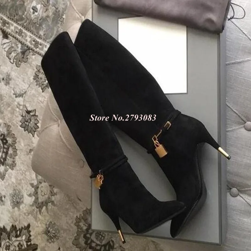 Boots Women Winter Burgundy Smooth Leather Boots Women Knee High Boots Sexy Pointy Toe Ankle Buckles Ladies High Heel Boots