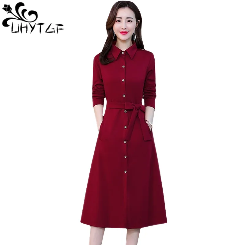 

UHYTGF New womens summer dresses Single-breasted Lace-up Slim Female dress Long sleeve bohemian dress noble elegant dresses 601