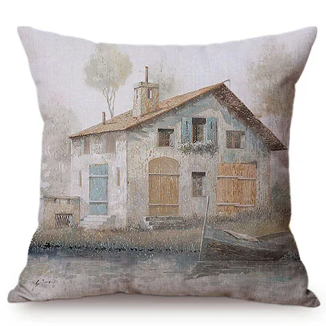 Beautiful Countryside Scenery Happy Cottage Childhood Memory Oil Painting Home Decor Throw Pillow Case Sofa Chair Cushion Cover K120-11