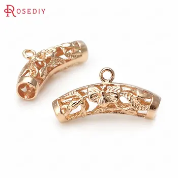 

(31886)6PCS 25*7MM 24K Champagne Gold Color Brass Flower Curved Tube Charms Pendants Bracelet Connector Diy Jewelry Accessories