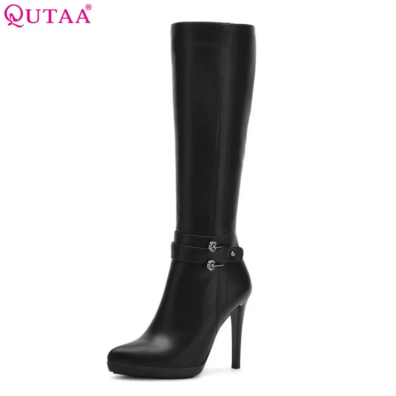 QUTAA 2018 Winter 2016 Knee High Boots PU leather Thin High Heel Pointed Toe Women Shoes Boots Black Sown Boots size 34-39 QUTAA 2018 Winter 2016 Knee High Boots PU leather Thin High Heel Pointed Toe Women Shoes Boots Black Sown Boots size 34-39