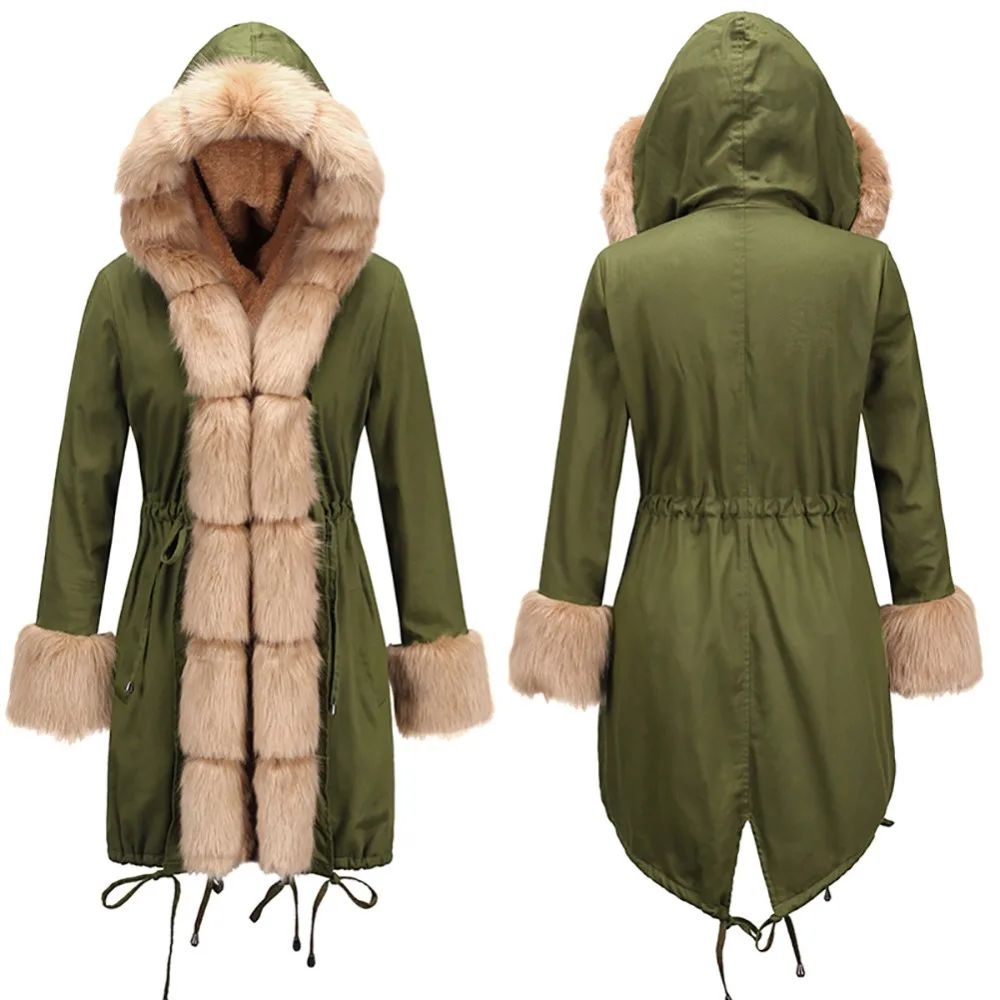 Women Faux Fur Camouflage Jacket Fur Collar Winter Parkas Thick Warm Long Coat Female Hooded Overcoat Outwear 5XL Jackets M0277