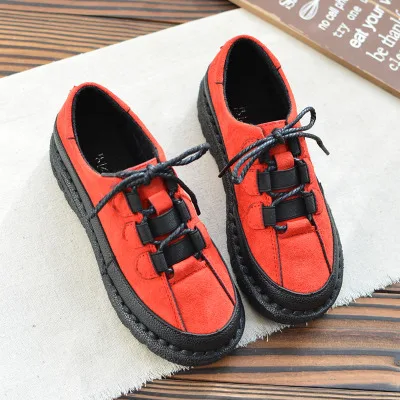 Осенние новые тонкие туфли из натуральной кожи; красивые туфли на плоской подошве ручной работы в стиле ретро в стиле Харадзюку; Повседневная обувь для студентов - Цвет: Красный