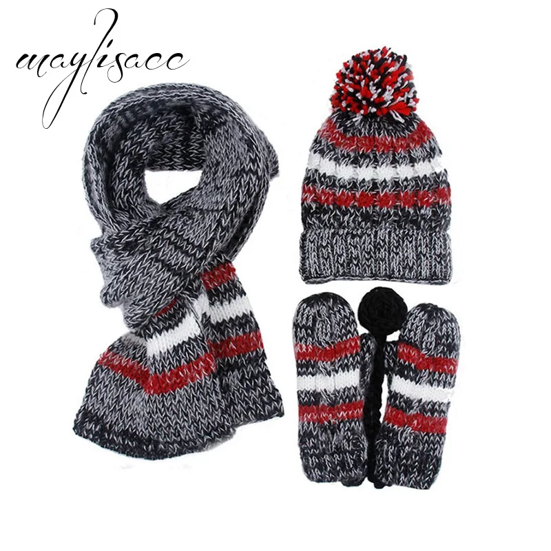 Maylisacc, новинка, 3 шт., женская зимняя теплая вязаная шапка, шапка, шарф с перчатками, модная для девушек, для женщин,, Рождественский подарочный набор - Цвет: Black