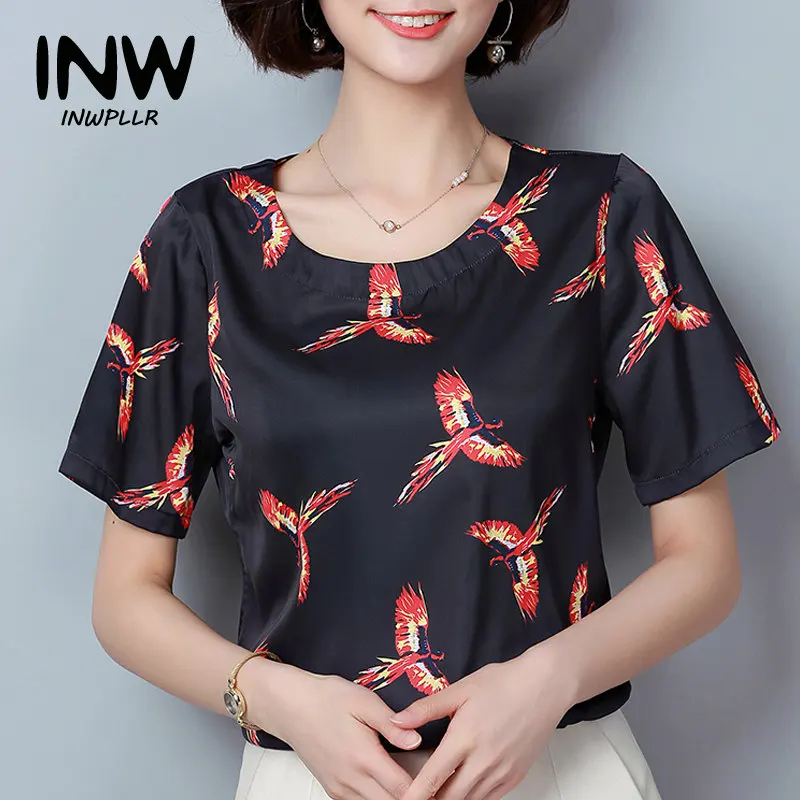 New Summer Tops Ladies 2018 Fashion Birds Print Blouses Women Short Sleeve Chiffon Blouse Shirt Casual Large Size Blusa Mujer |