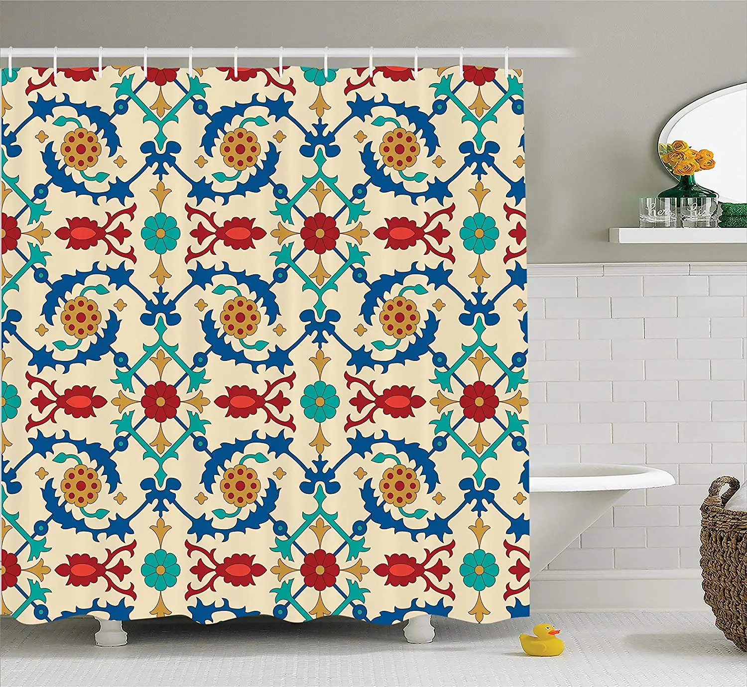 Moroccan Shower Curtain Nostalgic Eastern Art Motifs with Floral