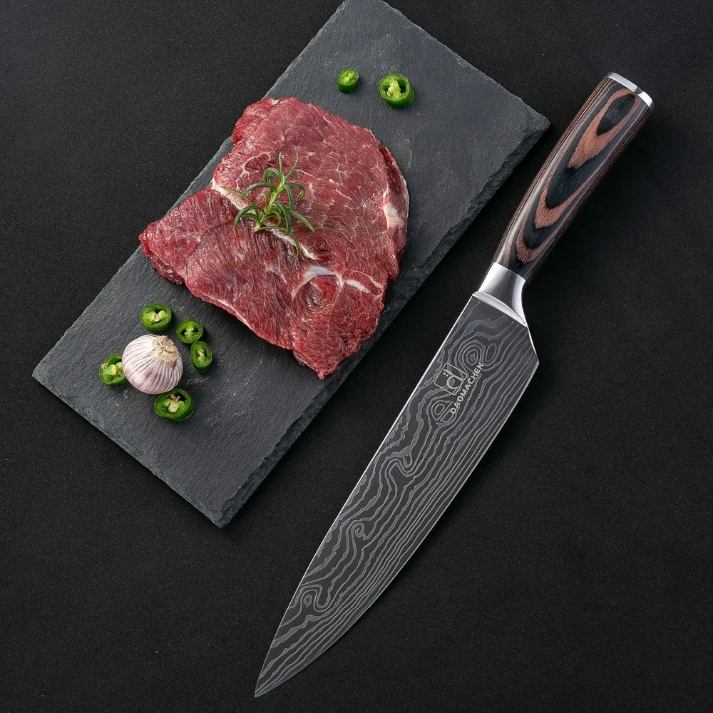 

Kitchen Knives Damascus Veins Stainless Steel Knives Color Wood Handle Paring Utility Santoku Slicing Chef Cooking Knife