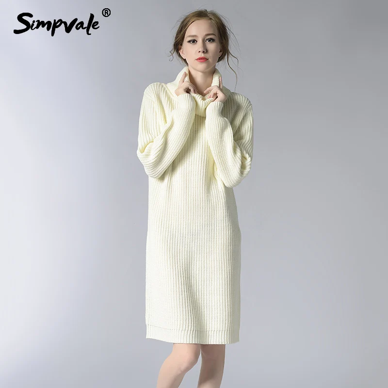 Autumn Winter About Knee Length Knitted Dress Women Solid Color Turtleneck Thick Loose Knit Dress Lady
