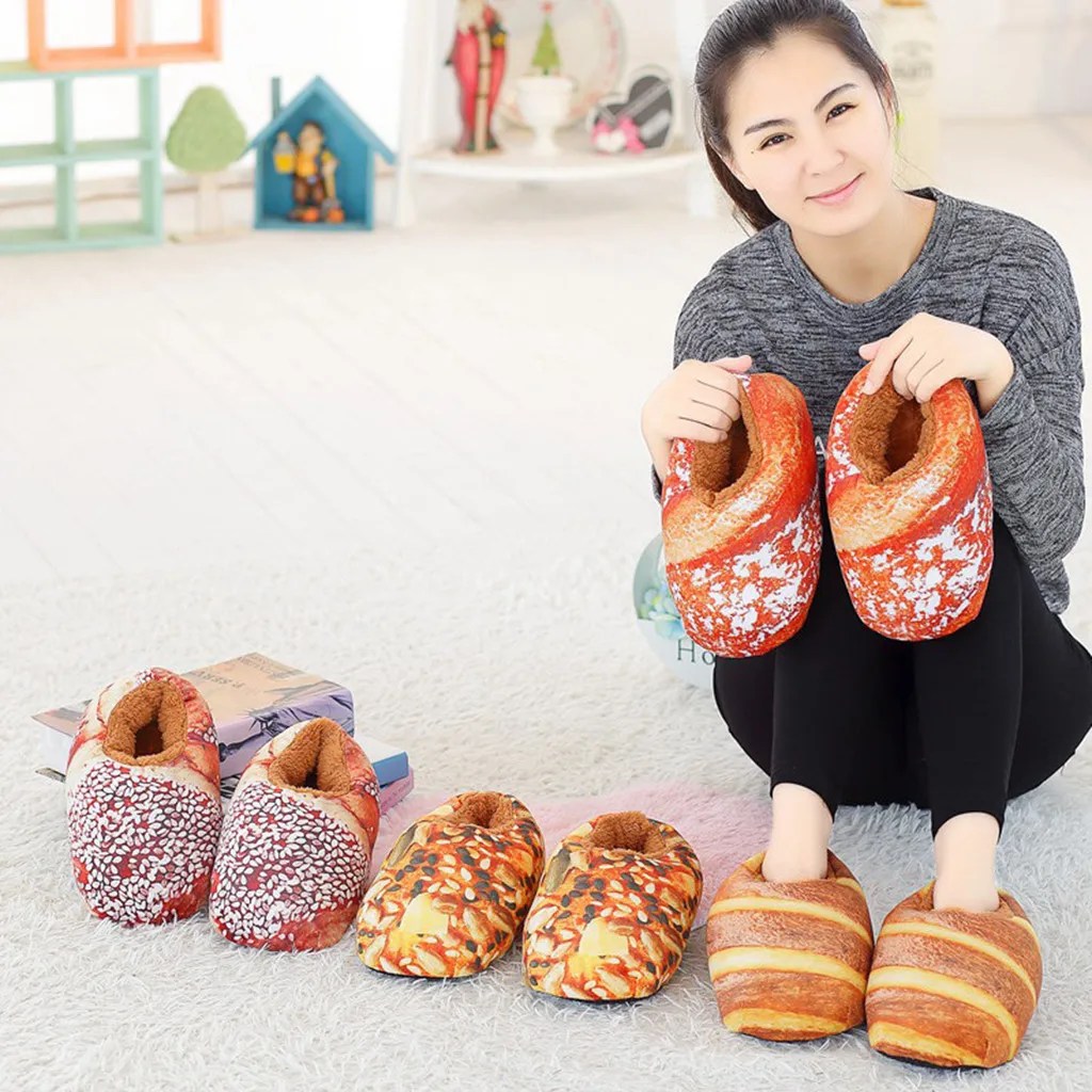 Kawaii/женские зимние тапочки для взрослых с объемным рисунком хлеба; домашняя обувь; теплые мягкие тапочки для спальни; забавная обувь унисекс; Vans