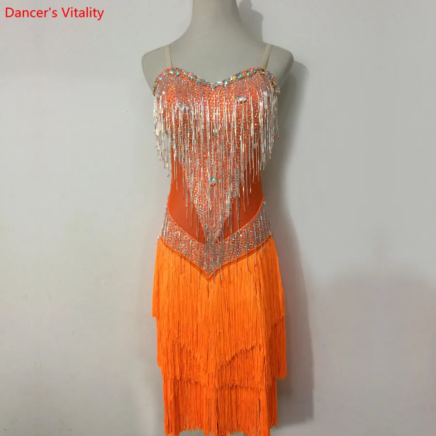 

Custom made Latin Dance Dress Women Girls Rumba Samba Cha-cha Salsa Ballroom Competition Costume Clothing Diamond Dance Dress
