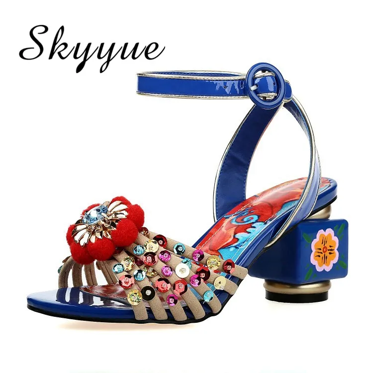 

SKYYUE New Genuine Leather Pom Pom Floral Women Summer Autumn Sandals Sexy Open Toe Crystal Jewel Beading Women HIgh Heel Sadals
