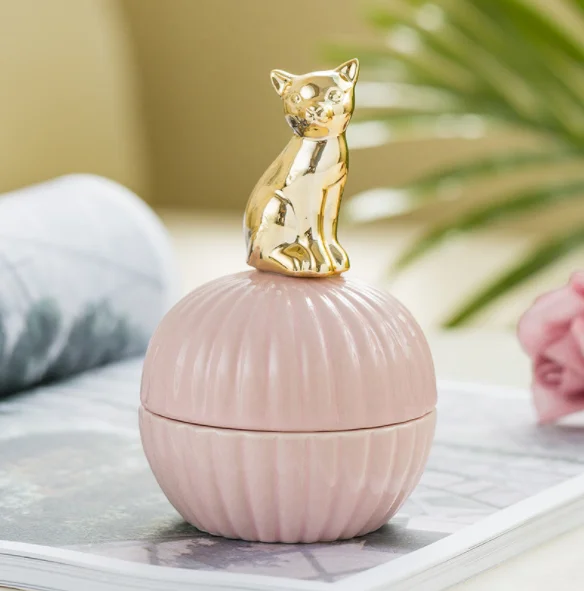 Gold 3d Cat kitty animals Porcelain Jewelry Holder Ring Dish Ceramic Jewelry Home Decor Tray bowl jar White pink for Wedding