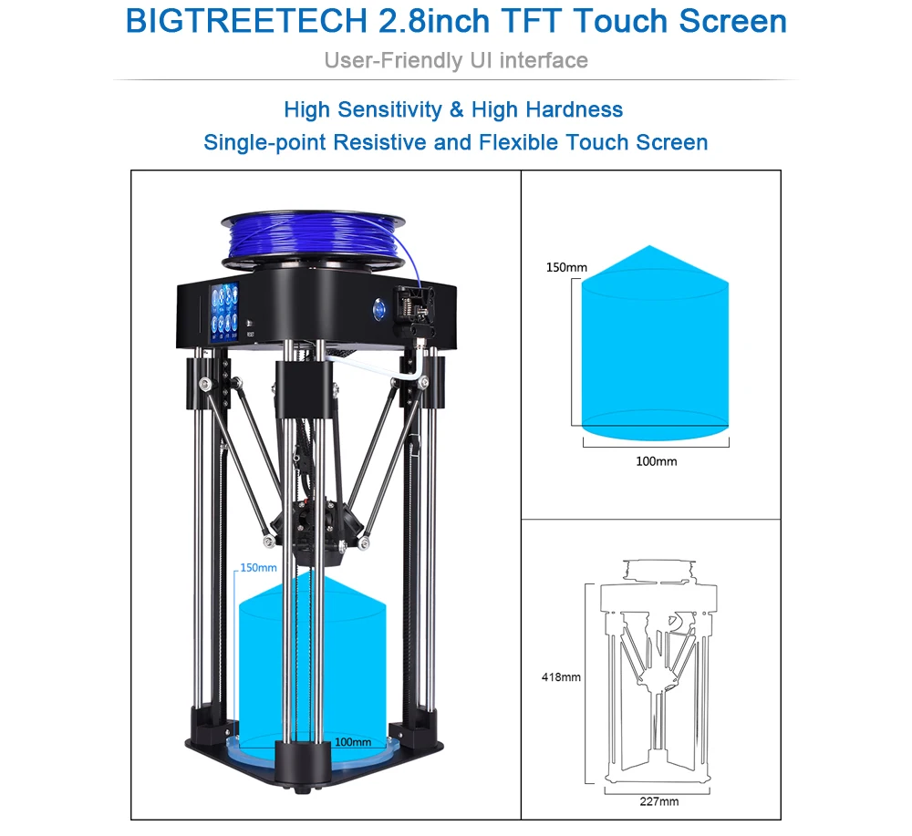 BIQU mini magician impressora delta 3d printer kits frame full assmbly multicolor with HD Touch screen 32 bit 3d printer board