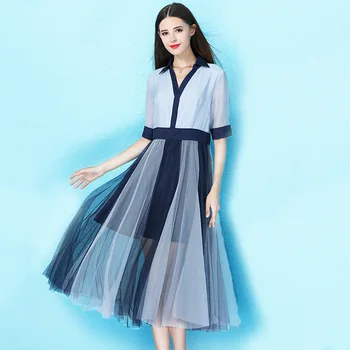 

2019 summer new temperament sexy mesh stitching contrast color chiffon dress slim thin waisted big swing dress NW19B6176