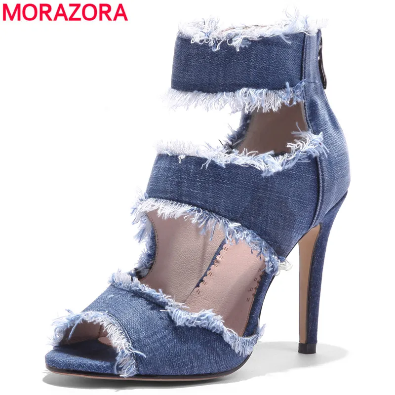 

MORAZORA Plus size 34-43 NEW 2018 denim gladiator sandals women peep toe thin high heels summer ladies dress wedding shoes