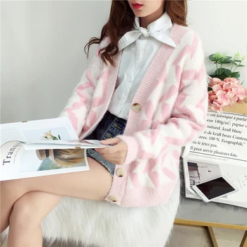 

Pink Casual Sweater Cardigan Women Long Sleeve Geometric Knitted Sweater Women Winter 2019 Black Tops Jumpers Ladies Cardigans
