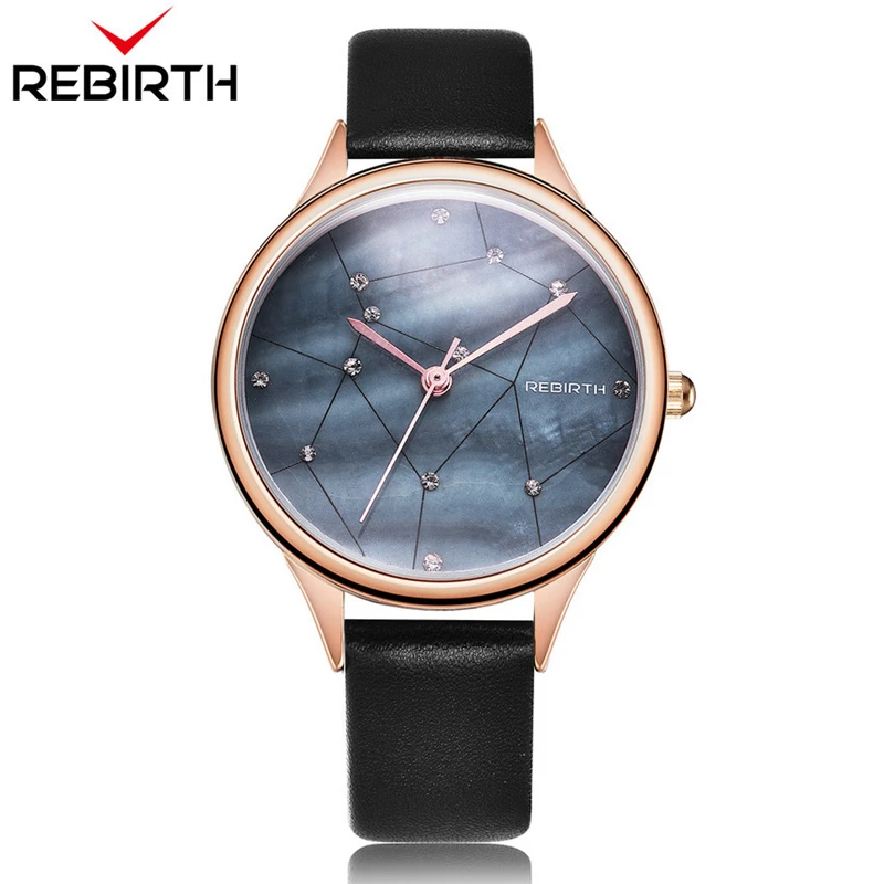 

REBIRTH Quartz women's watches with rhinestones Shell Dial Leather Bracelet Girl Watch Relogio Feminino with Watch Box
