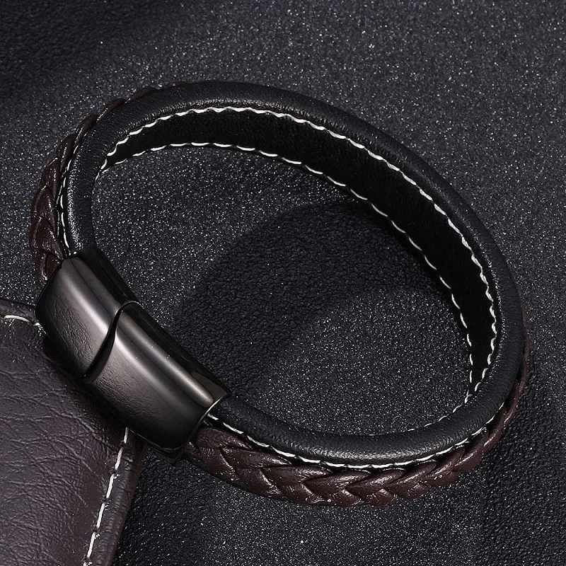 

Simple Bracelets for Men Black Brown Leather Braided Bracelet Bangles 3 Colors Magnetic Buckle Male Wrist Band Jewelry Gifts 012