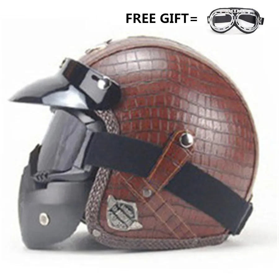 Best Open Face Vintage Motorcycle Helmet PU Leather Harley Helmets 3 4 Motorcycle Chopper Bike Helmet with Goggle Mask L(59 60cm)