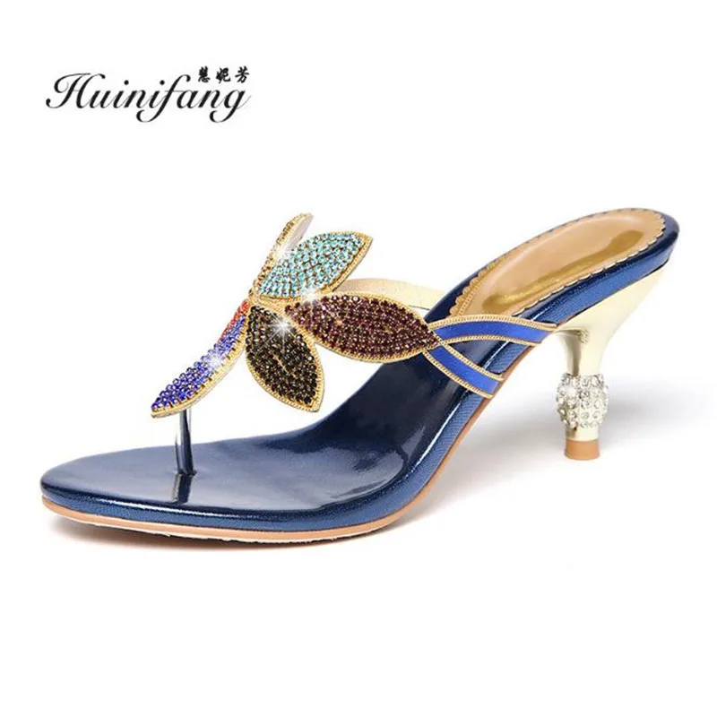 

New rhinestone slippers female summer Bohemian high-heeled fine with clip fashion non-slip character flip-flops Women slippers