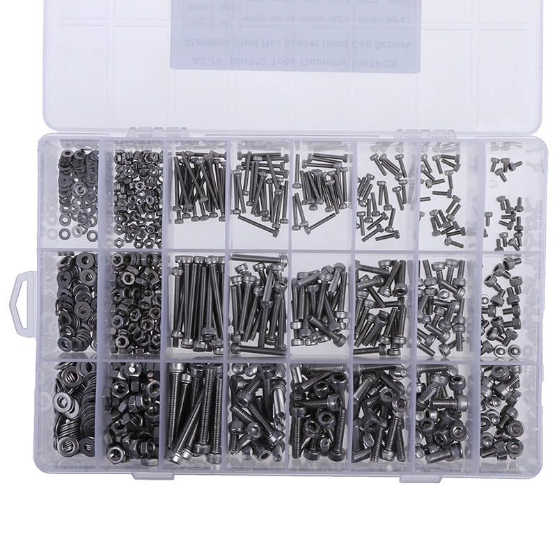 

1Set 1080pcs M2 M3 M4 304 Stainless Steel Hex Socket Head Cap Screws Nut Kit Set Wholesale