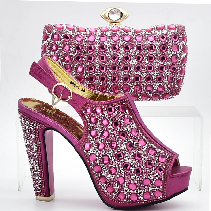 

Newest Style Fuchsia African Shoes And Bag To Match Beautiful High Quality Italian With Big Crystal Shoes and Bag Set