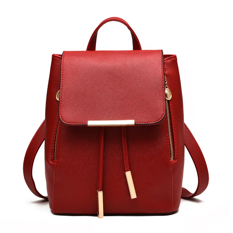 High Quality Red PU Women Backpacks Adjustable Straps Girl's Schoolbag