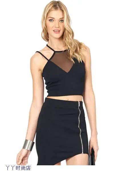 Fashion Women Summer Black Hollow Out Mesh Insert Halter Club Short Tops Shirt Blouse Hot Football Baybe 2014 blusas femininas | Женская