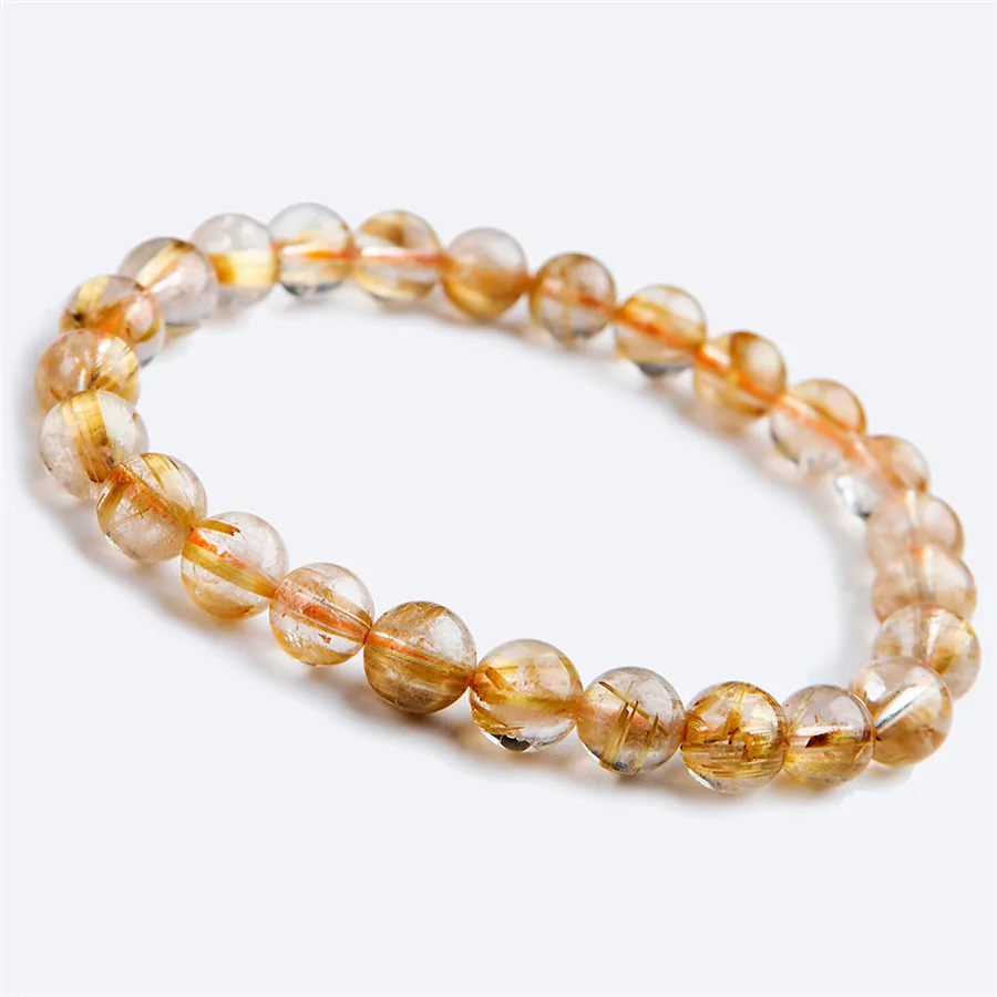 

7.5 mm Genuine Brazil Natural Gold Rutilated Quartz Crystal Clear Round Beads Stretch Bracelets For Women Femme
