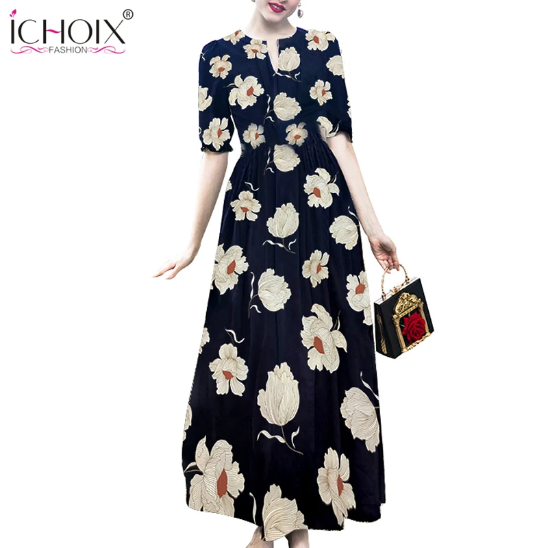 

ICHOIX Floral long dress short sleeve elegant floor length vintage maxi dress evening party women dress A-Line summer vestidsos