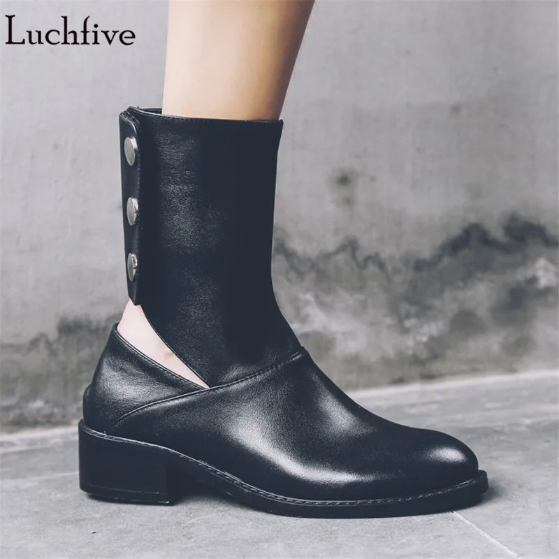 

Best sell women boots metal button decor platform low heel genuine leather ankle boots back cut out Short Booties fall shoes