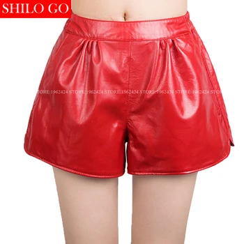 

Autumn winter fashion new women high quality sheepskin high waist back elastic waist pocket wide leg red leather shorts 3XL