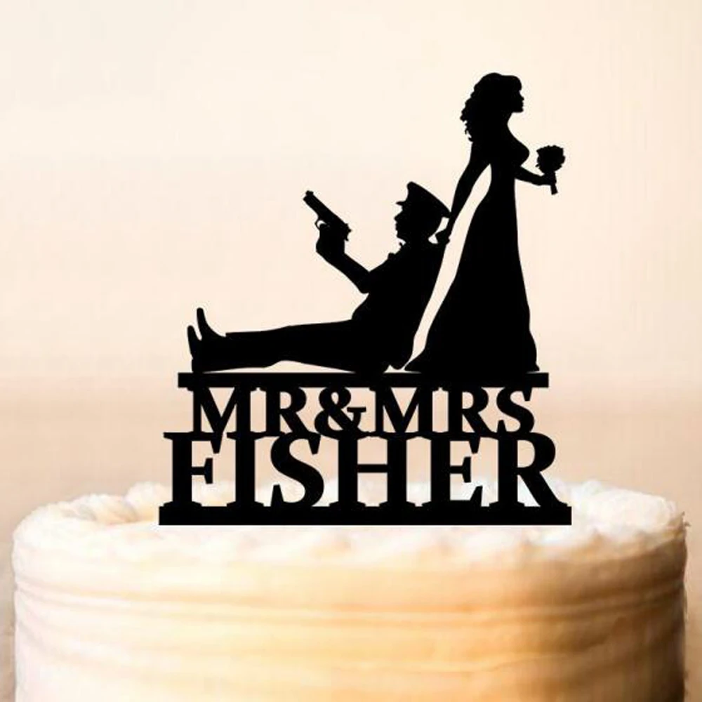 Personalized name Couple Wedding Cake Topper,Policeman and Bride silhouette  Cake Topper,Mr and Mrs Wedding cake decor Supplies