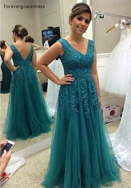 Aqua Mother Dresses New Arrival 2018 A Line V Neck Appliques Tulle Floor Length Mother of Bride Groom Formal Evening Gowns Backless  126
