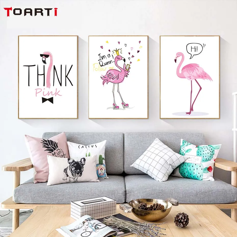ピンクフラミンゴ引用保育園壁アートキャンバスポスター印刷動物絵画北欧画像子供寝室現代の壁チャート 絵画 書道 Aliexpress