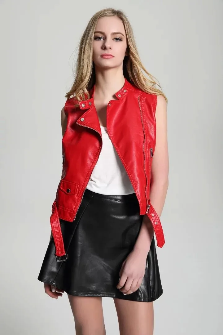 Модный женский кожаный жилет без рукавов кожаная куртка с карманами colete feminino жилет из искусственной кожи поясное Пальто кожаное пальто красный черный цвет