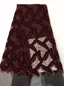 

Latest African Lace Fabric 2019 High Quality Wine color French lace Mix Velvet borders For Party Dresses 5 yards per piece