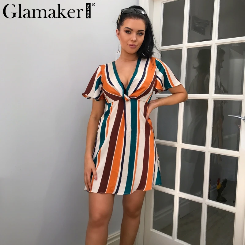 

Glamaker Rainbow stripe print v neck short dress Office lady short sleeve boho party dress Female vintage streetwear sexy dress
