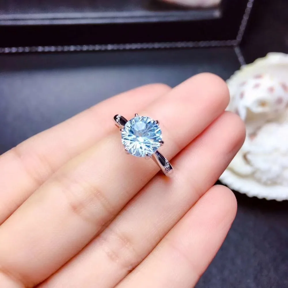 Небесно-Голубой топаз палец кольцо натуральный настоящий голубой топаз кольцо из стерлингового серебра 925 Роскошный стиль кольца 8 мм драгоценный камень
